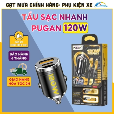 Tẩu Sạc Ô Tô Pugan 120W 2 Cổng Nhanh, Dây 4 Đầu, Cắm D31 Mẫu Mới Giá 99.000 VND