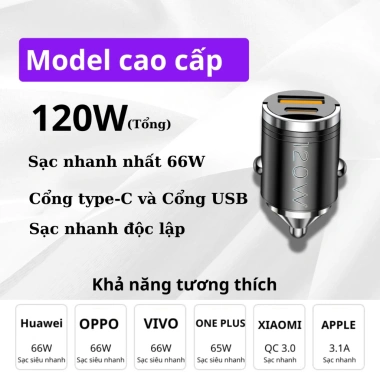 Tẩu Sạc Ô Tô Pugan 120W 2 Cổng Nhanh, Dây 4 Đầu, Cắm D31 Mẫu Mới Giá 99.000 VND