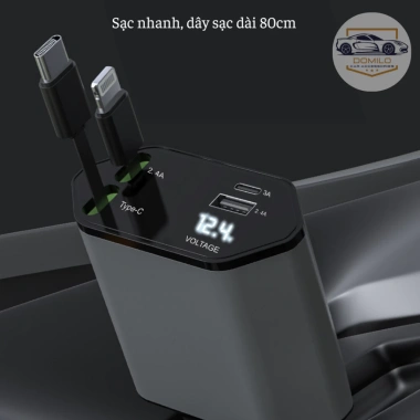 Tẩu Sạc Xe Hơi 120W Siêu Nhanh - Đa Cổng Co Giãn, Tẩu Sạc Âm, Dây Bảo Vệ