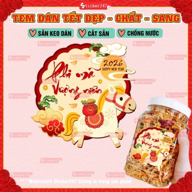 Tem Tết Bính Ngọ 2.026 Hình Con Ngựa Decal Nhãn Dán Chống Nước Hũ PET, Hộp 24.500 VND