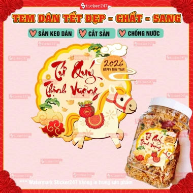 Tem Tết Bính Ngọ 2.026 Hình Con Ngựa Decal Nhãn Dán Chống Nước Hũ PET, Hộp 24.500 VND