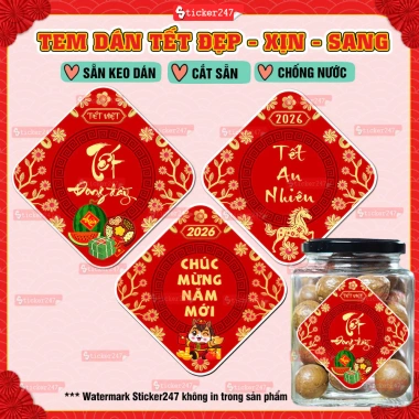 Tem Tết Chúc Mừng Năm Mới Bính Ngọ 2.026 - Decal Cổ Truyền Chống Nước, Cắt Sẵn, Trang Trí Hộp Bánh Kẹo Mứt 12.500 VND