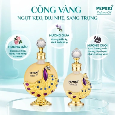Tinh dầu nước hoa nữ PEMIKI Công Vàng 30ml - hương ngọt kẹo ấm áp, sang trọng, thơm lâu, giá ưu đãi 259.000₫