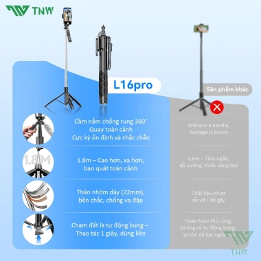 TNW L16pro Gậy chụp ảnh 3 chân 1.8m Bluetooth, đèn LED, chống rung - 297.000₫ 2