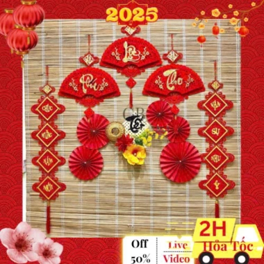 Trang Trí Tết 2.026 - Đồ Phụ Kiện Khánh Quạt, Ông Thần Tài Lắc, Quạt Hoa, Câu Đối Treo Kính