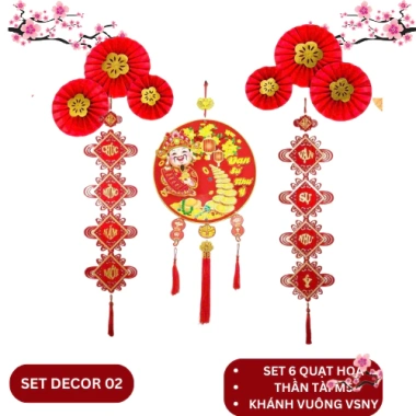 Trang Trí Tết 2.026 - Đồ Phụ Kiện Khánh Quạt, Ông Thần Tài Lắc, Quạt Hoa, Câu Đối Treo Kính