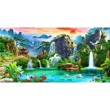 Tranh phong cảnh HD núi xanh và nước trong không khung canvas tường phòng khách 9