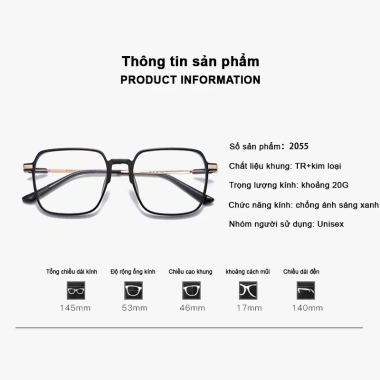 Tròng kính cận thị 0.5-6.0 độ gọng vuông, chống bức xạ & ánh sáng xanh, nam nữ 9