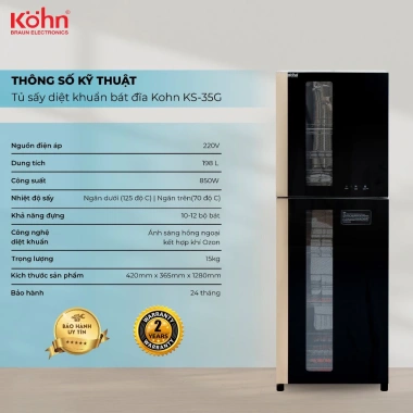 Tủ sấy bát Kohn KS35G 198L khử trùng diệt khuẩn, bảo hành 24 tháng - 3,915,000₫