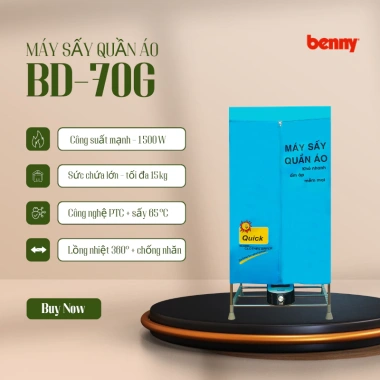 Tủ sấy Benny BD70G 1.500W Inox – Khô nhanh, công nghệ PTC bảo vệ quần áo, chỉ 790.000₫ 2