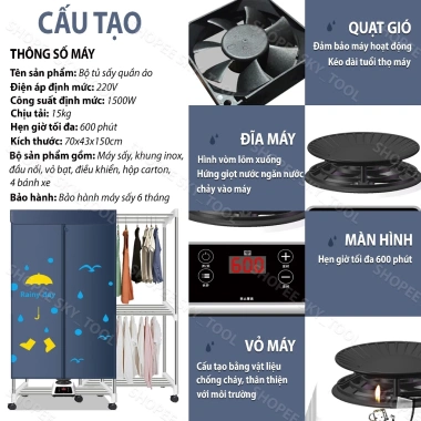 Tủ sấy quần áo 360°, điều khiển từ xa, không tiếng ồn, bảo hành 6 tháng - 630.000₫