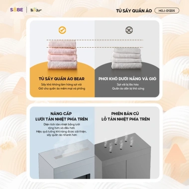 Tủ sấy quần áo BEAR HGJ-D12D5 2 tầng 475L 1.200W Diệt khuẩn, hẹn giờ, giá 1,221,000₫