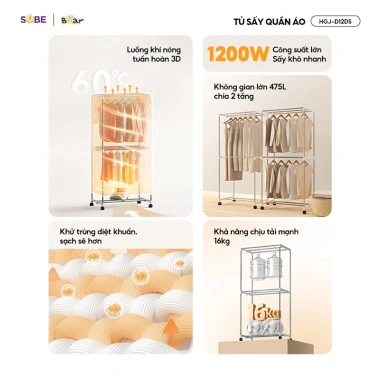Tủ sấy quần áo BEAR HGJ-D12D5 2 tầng 475L 1.200W Diệt khuẩn, hẹn giờ, giá 1,221,000₫