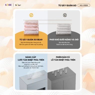Tủ sấy quần áo Bear HGJ-D12D5 475L 2 tầng gấp gọn, 1.200W, diệt khuẩn, hẹn giờ 7 Tủ sấy quần áo Bear HGJ-D12D5 475L 2 tầng gấp gọn, 1.200W, diệt khuẩn, hẹn giờ 7