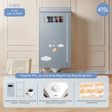 Tủ sấy quần áo Bear HGJ-D12D5 475L 2 tầng gấp gọn, 1.200W, diệt khuẩn, hẹn giờ
