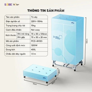 Tủ Sấy Quần Áo Bear PCD-4H12G - Gấp Gọn, Sấy Nhanh, Kháng Khuẩn, Công Suất Lớn