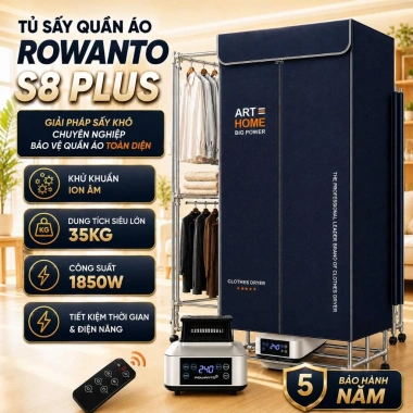 Tủ sấy quần áo Rowanto S8 Plus 2 tầng khung inox - Diệt khuẩn, chống mốc, giữ thơm mát, giảm giá 22%