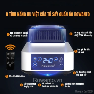 Tủ sấy quần áo Rowanto S8 Plus 2 tầng khung inox - Diệt khuẩn, chống mốc, giữ thơm mát, giảm giá 22%