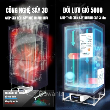 Tủ sấy quần áo Rowanto S8 Plus 2 tầng khung inox - Diệt khuẩn, chống mốc, giữ thơm mát, giảm giá 22%