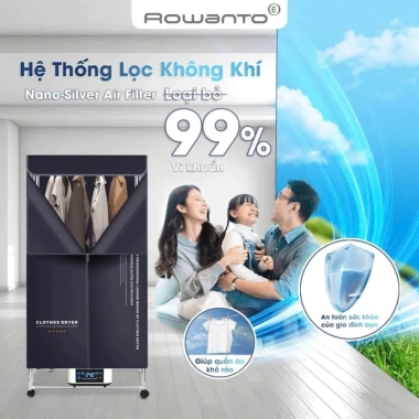 Tủ sấy quần áo Rowanto S8 Plus 2 tầng khung inox - Diệt khuẩn, chống mốc, giữ thơm mát, giảm giá 22%