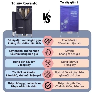 Tủ sấy quần áo Rowanto S8 Plus 2 tầng khung inox - Diệt khuẩn, chống mốc, giữ thơm mát, giảm giá 22%