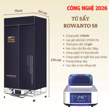 Tủ sấy quần áo Rowanto S8 Plus 2 tầng khung inox - Diệt khuẩn, chống mốc, giữ thơm mát, giảm giá 22%