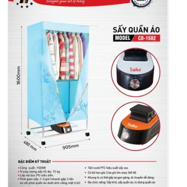 Tủ sấy quần áo SAIKO CD1.502 15kg, sưởi phòng, bảo hành 18 tháng - 819.000 VND 8