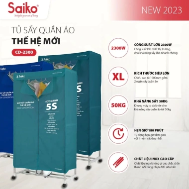 Tủ Sấy Quần Áo Saiko CD2.300 2.300W - Sấy Nhanh 50kg, Đa Chức Năng, Hàng Chính Hãng 6