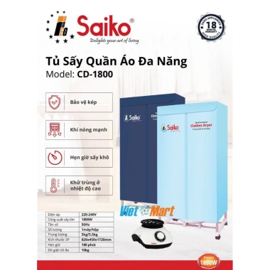 Tủ Sấy Quần Áo Saiko CD2.300 2.300W - Sấy Nhanh 50kg, Đa Chức Năng, Hàng Chính Hãng 9