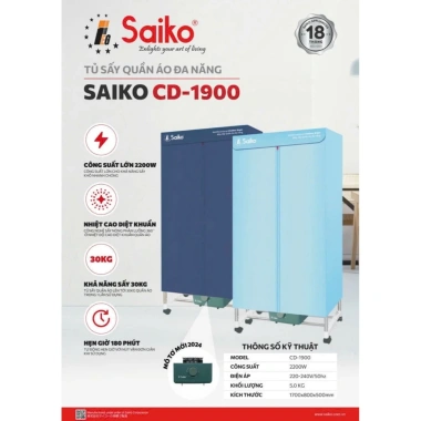 Tủ Sấy Quần Áo Saiko CD2.300 2.300W - Sấy Nhanh 50kg, Đa Chức Năng, Hàng Chính Hãng 10