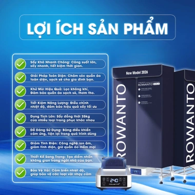 Tủ sấy quần áo siêu tốc Rowanto – Làm thơm, phẳng, bảo vệ vải, bảo hành 12 tháng, giá ưu đãi 1,350,000₫