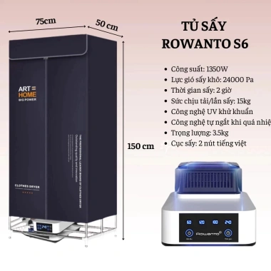 Tủ sấy quần áo siêu tốc Rowanto – Làm thơm, phẳng, bảo vệ vải, bảo hành 12 tháng, giá ưu đãi 1,350,000₫