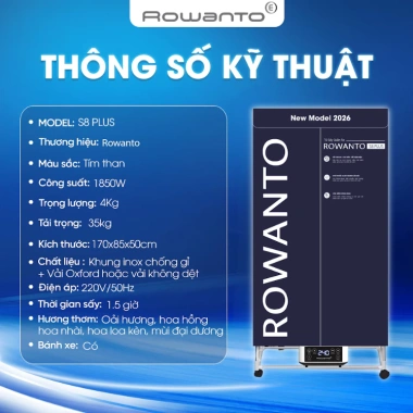 Tủ sấy quần áo siêu tốc ROWANTO S6+ 1.5m đa năng 1.550W, khử khuẩn ION âm, 3 mùi thơm - 1.48tr 9
