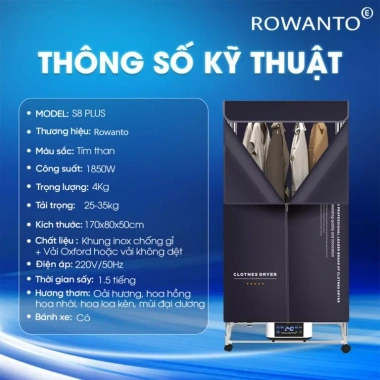 Tủ sấy quần áo siêu tốc ROWANTO S6+ 1.5m đa năng 1.550W, khử khuẩn ION âm, 3 mùi thơm - 1.48tr 10
