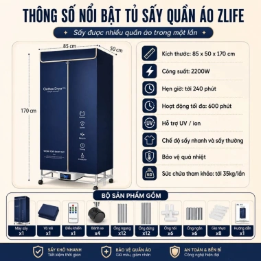 Tủ Sấy Quần Áo Zlife Z28 Plus 2.200W Gấp Gọn, Sấy Nhanh, Khử Khuẩn ION - 1.219.000₫