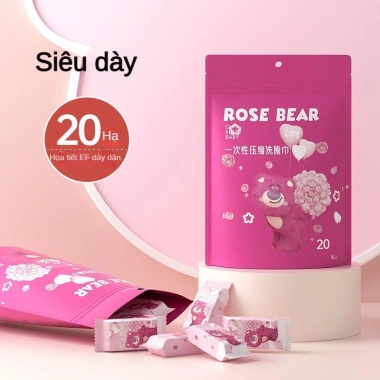 Túi 20 viên Khăn mặt dạng nén dùng 1 lần Hình gấu dâu Lotso vải mềm mịn vệ sinh tiện dụng 15.000 đồng