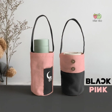 Túi Canvas Đựng Bình Giữ Nhiệt DT x BlackPink - Hồng Đen, Size 450-750ml, Giá 37k
