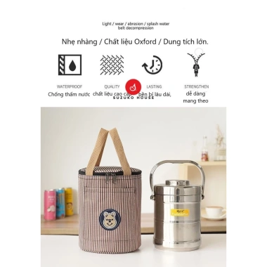 Túi cơm giữ nhiệt Gấu Bear SUZUKO HOUSE TC29 – Thiết kế tròn cầm tay, lót khóa kéo, tiện dụng văn phòng