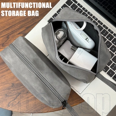 Túi da PU chống nước, lót chống tĩnh điện cho phụ kiện công nghệ, sạc, cáp laptop - màu xám