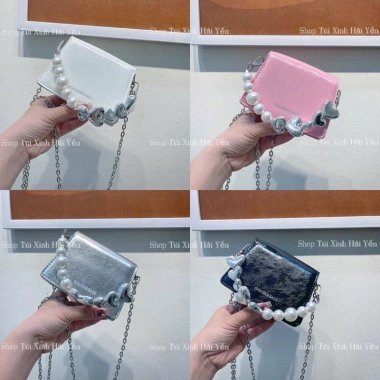 Túi đeo chéo mini da vân xích bạc Hàn Quốc – Dây tim ngọc cute, giá 89.000₫