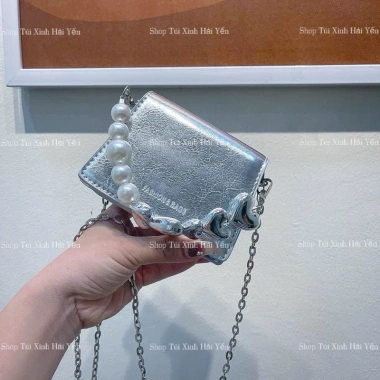 Túi đeo chéo mini da vân xích bạc Hàn Quốc – Dây tim ngọc cute, giá 89.000₫