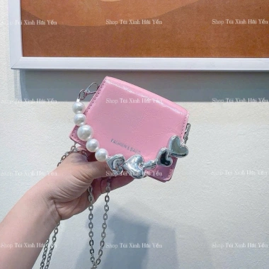 Túi đeo chéo mini da vân xích bạc Hàn Quốc – Dây tim ngọc cute, giá 89.000₫