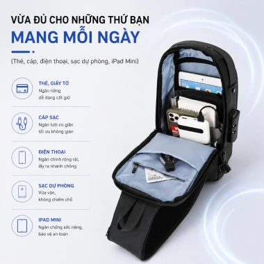 Túi Đeo Chéo Nam SP009 Cao Cấp Chống Nước, Khóa Số, Chống Trộm, Đựng iPad Mini & Điện Thoại - 159k