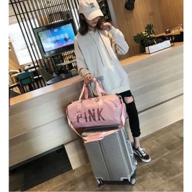Túi du lịch nữ ngăn giày cỡ lớn, pink, tay cầm tiện, hành lý máy bay, 165k