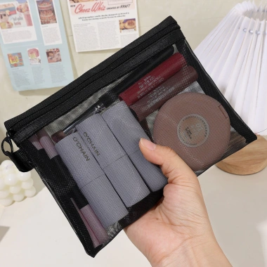 Túi đựng đồ vệ sinh du lịch di động lưới xám đen - Túi trang điểm mỹ phẩm nữ