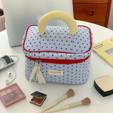 Túi đựng make up nữ họa tiết trái tim xanh, dung tích lớn, thời trang 7