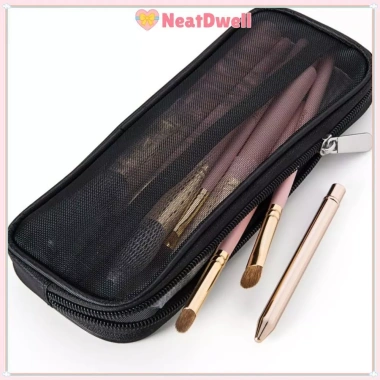Túi đựng mỹ phẩm NETDWELL lưới du lịch, kèm bàn chải trang điểm, khóa kéo
