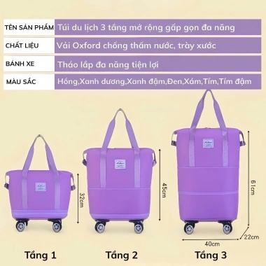 Túi đựng quần áo 3 tầng gấp gọn, bánh xe kéo, vali siêu nhẹ chống thấm nước 175.000₫ 3