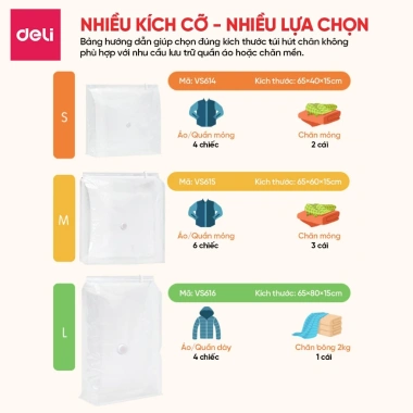Túi Hút Chân Không Deli Siêu Lớn - Bảo Quản Quần Áo Du Lịch, Chăn, Áo Khoác, Gối - 35.000₫
