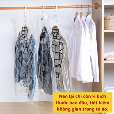Túi hút nén chân không + móc treo 360 chống nhăn, bảo vệ quần áo, chăn màn - Giá 15.000đ